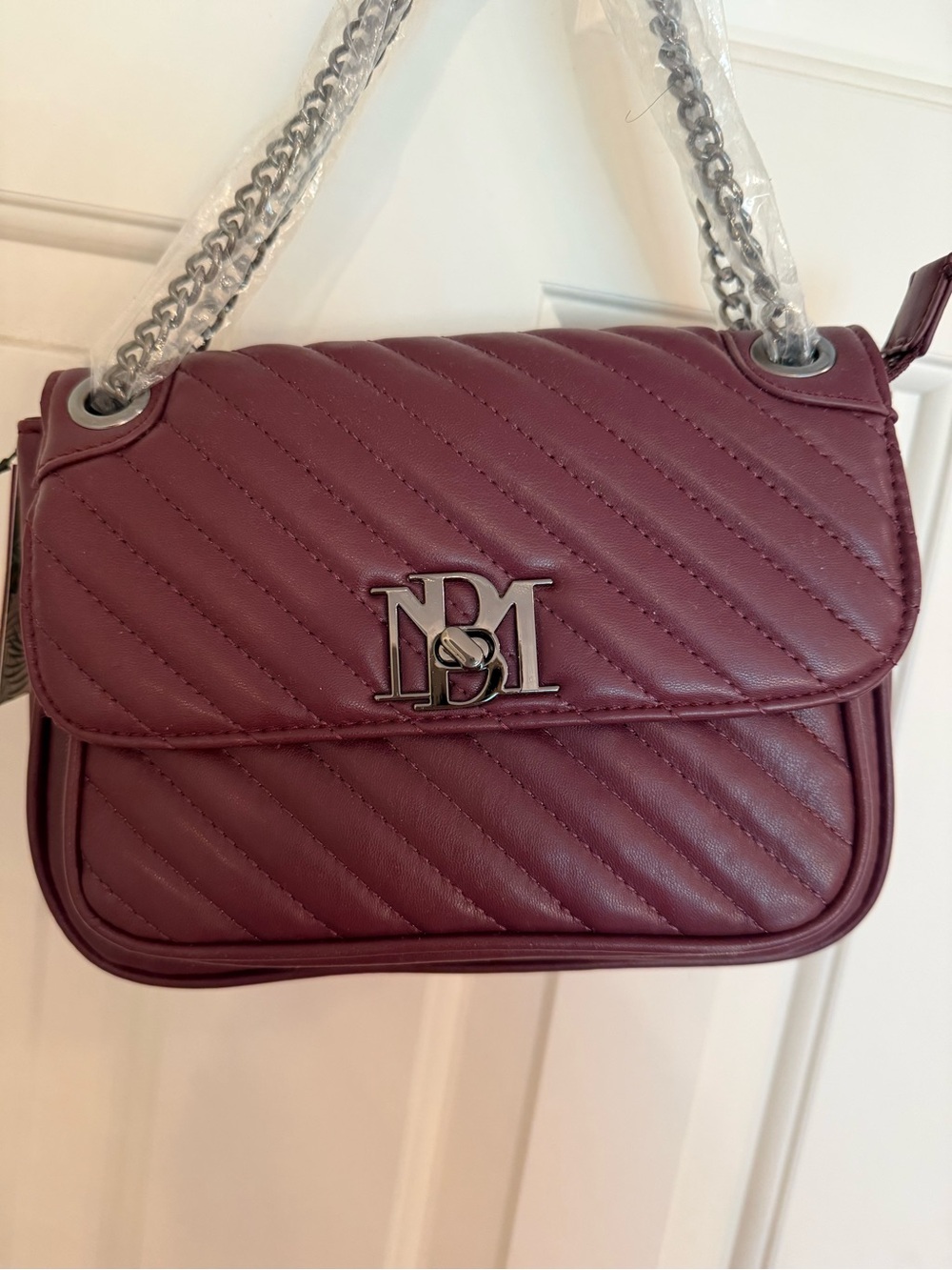 Badgley Mischka Quilted Plum Shoulder Bag with Silver Hardware